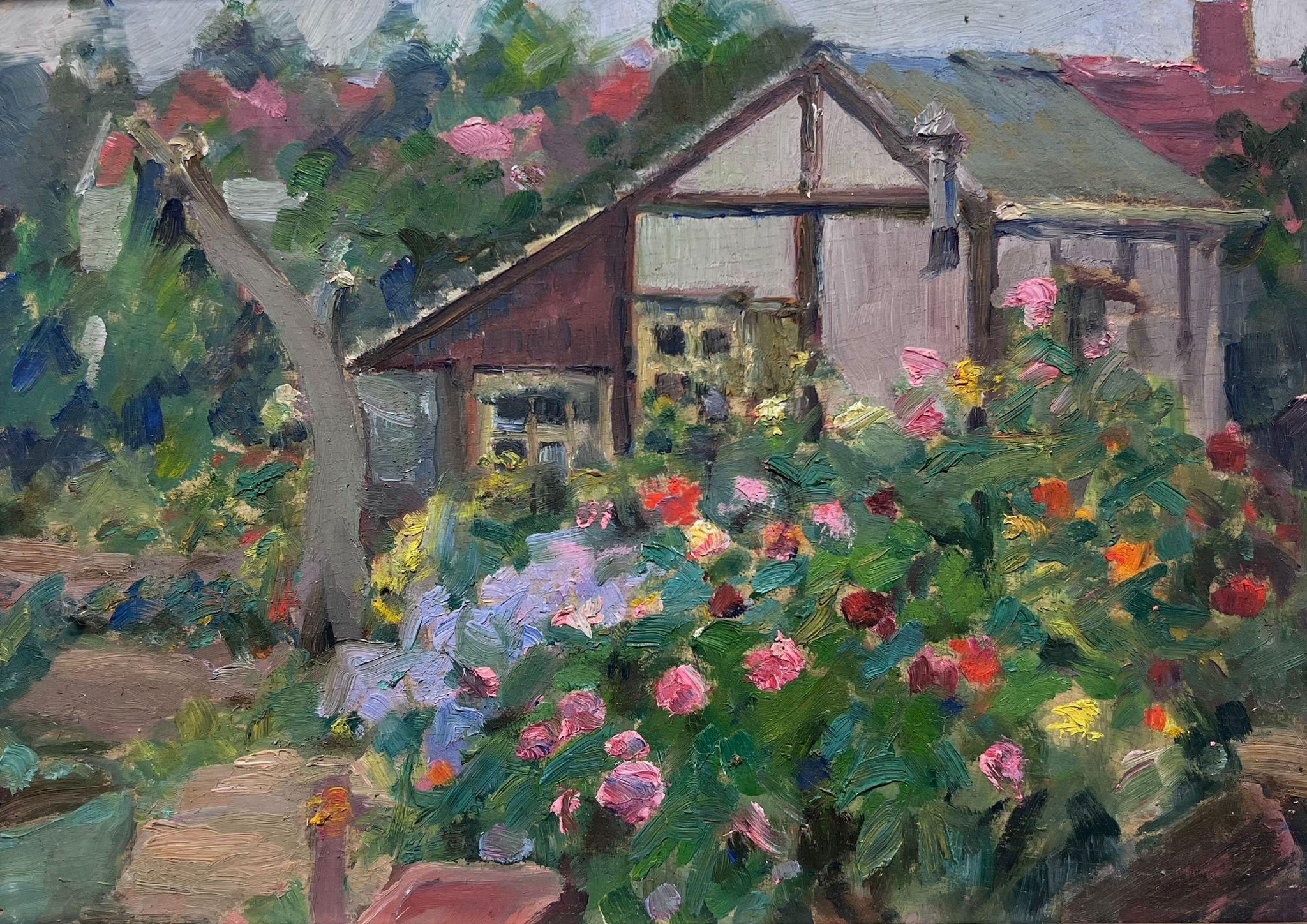 French Impressionist Oil Summer Green House In Rose Garden - Painting by Louise Alix