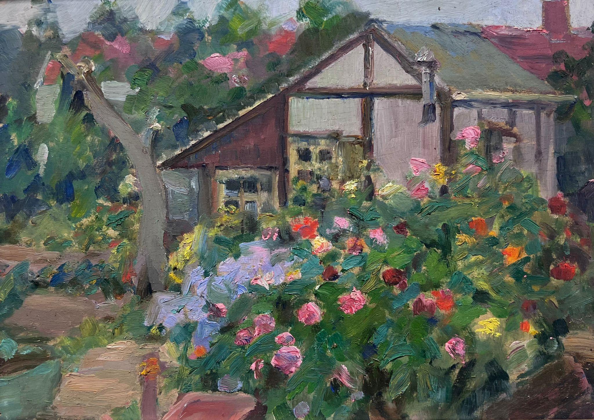 Óleo Impresionista Francés Verano Casa Verde En Rosaleda - Painting de Louise Alix