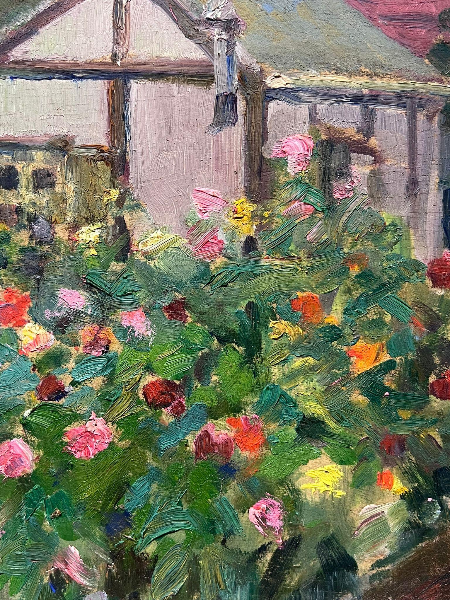 French Impressionist Oil Summer Green House In Rose Garden For Sale 1