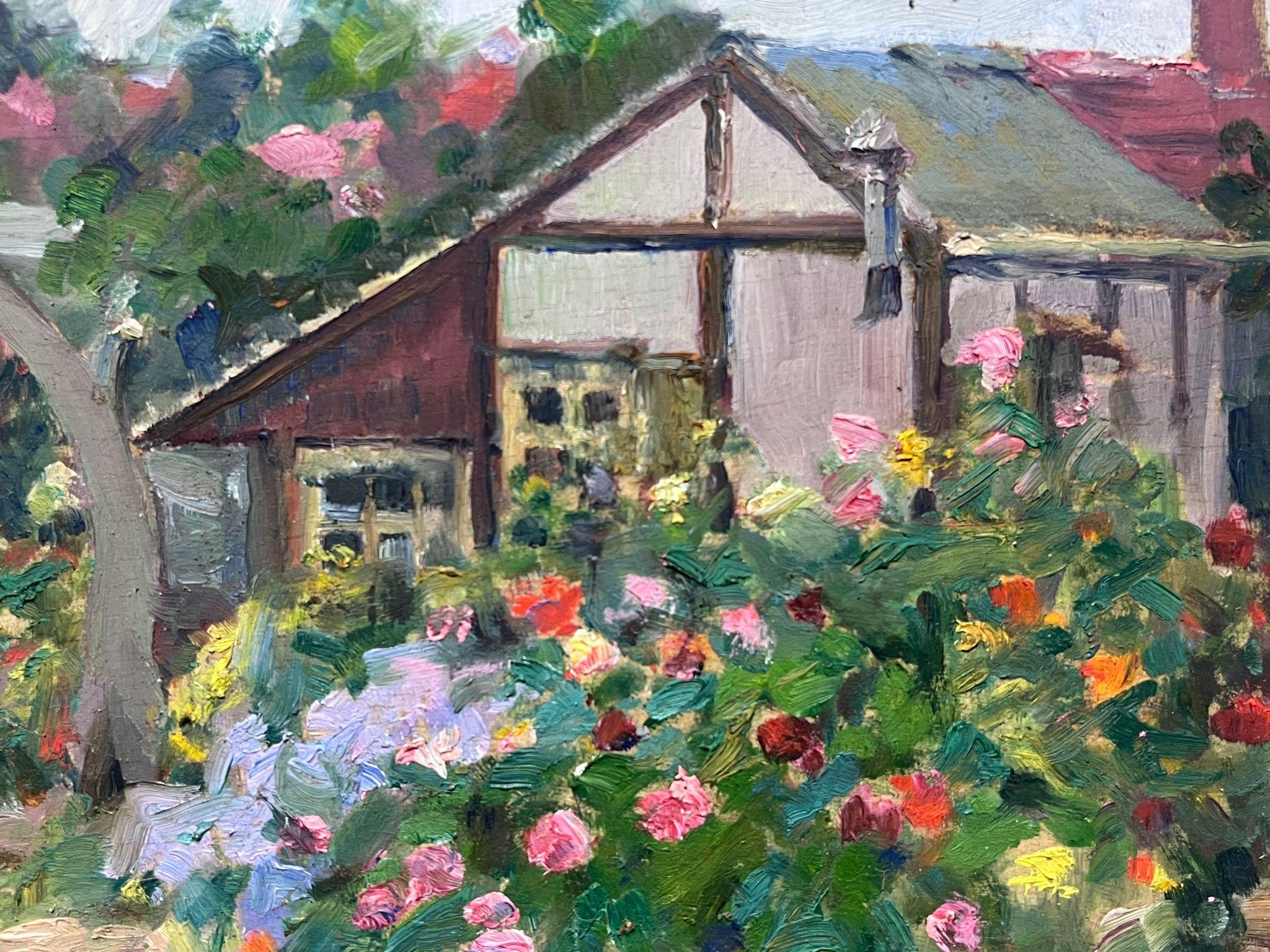 French Impressionist Oil Summer Green House In Rose Garden For Sale 2