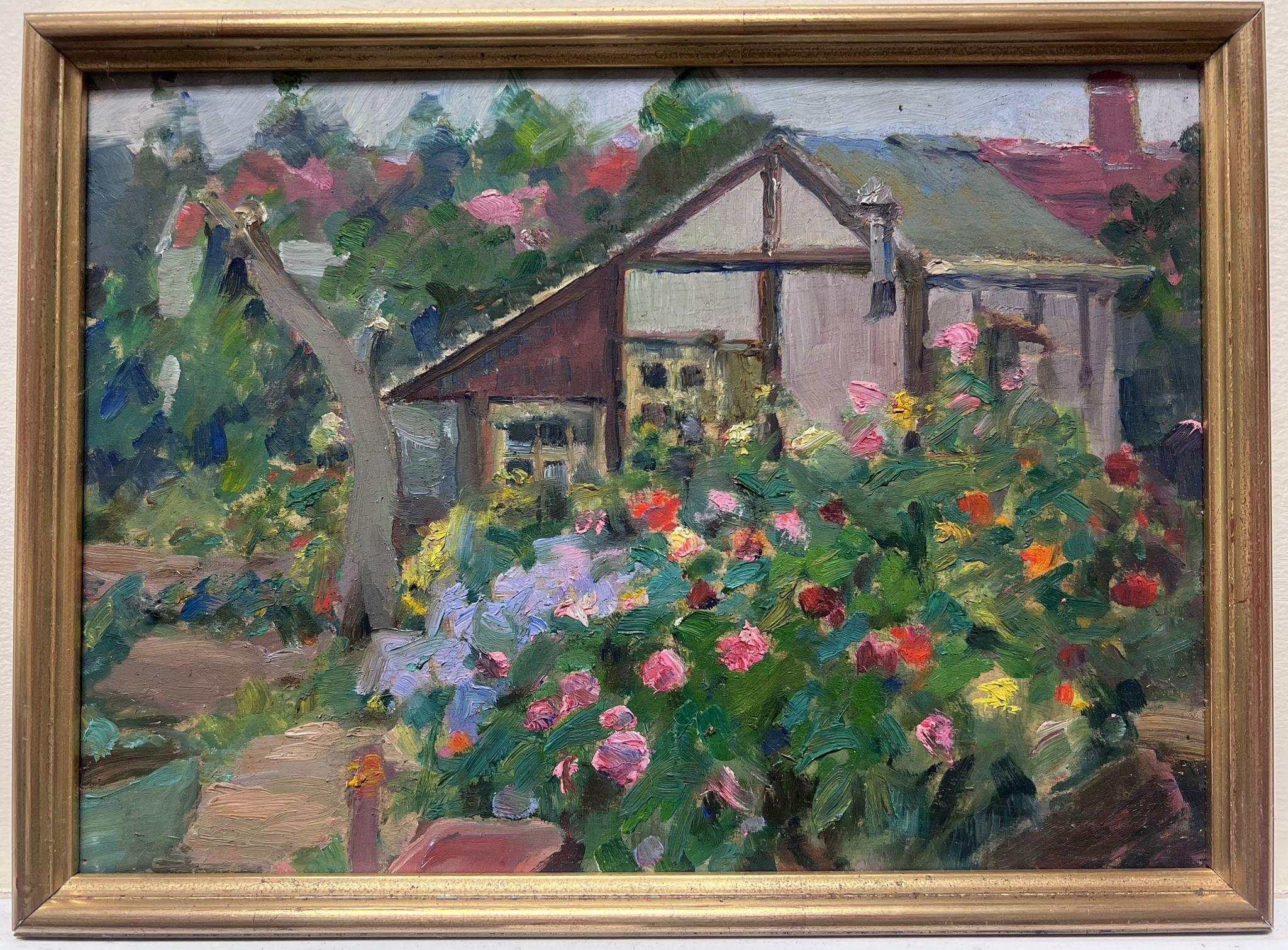 Louise Alix Landscape Painting - French Impressionist Oil Summer Green House In Rose Garden