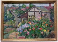 French Impressionist Oil Summer Green House In Rose Garden