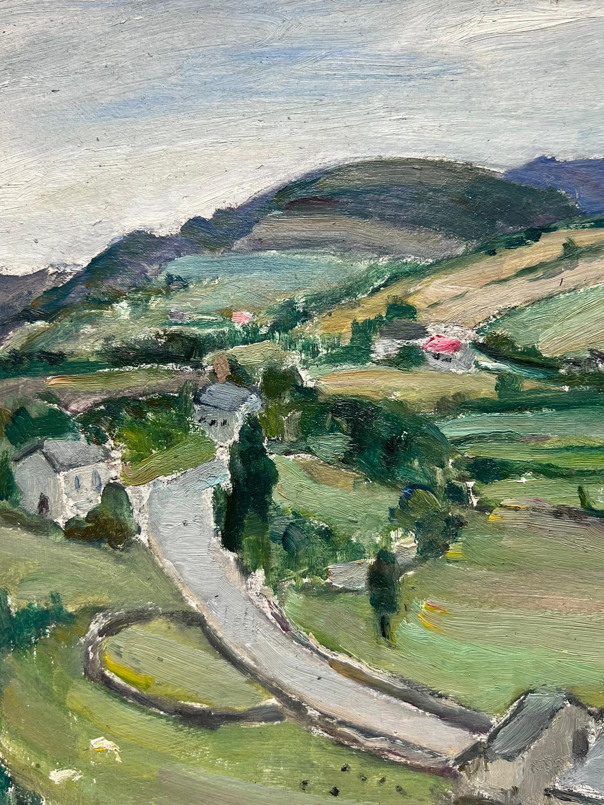 Pintura al óleo impresionista francesa Paisaje de pueblo en Green Hill - Landscape Painting Gris de Louise Alix