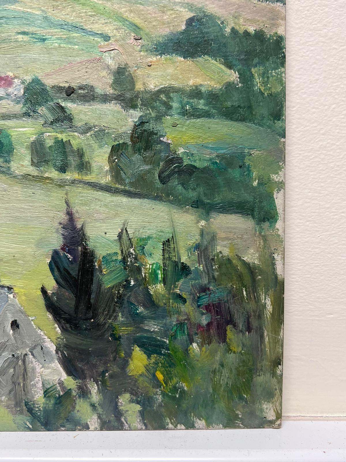 Paisaje francés
de Louise Alix (francesa, 1888-1980) *ver notas más abajo
sello de procedencia en el reverso 
óleo sobre tabla, sin enmarcar
medidas 10,75 de alto por 14 pulgadas de ancho
Estado: en general, muy bueno y en buen estado, con algunos