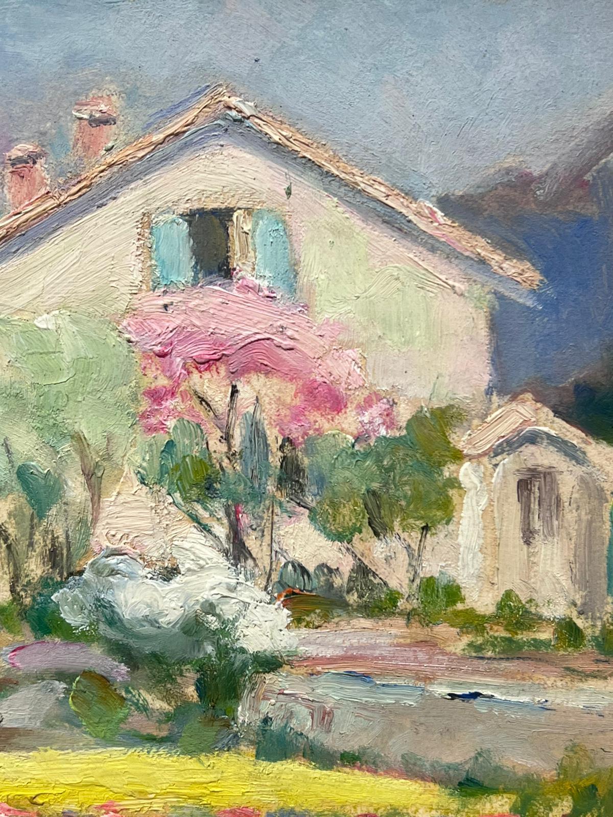 Französischer Impressionist Öl Weißes Haus umgeben von bunten Blumenweg – Painting von Louise Alix