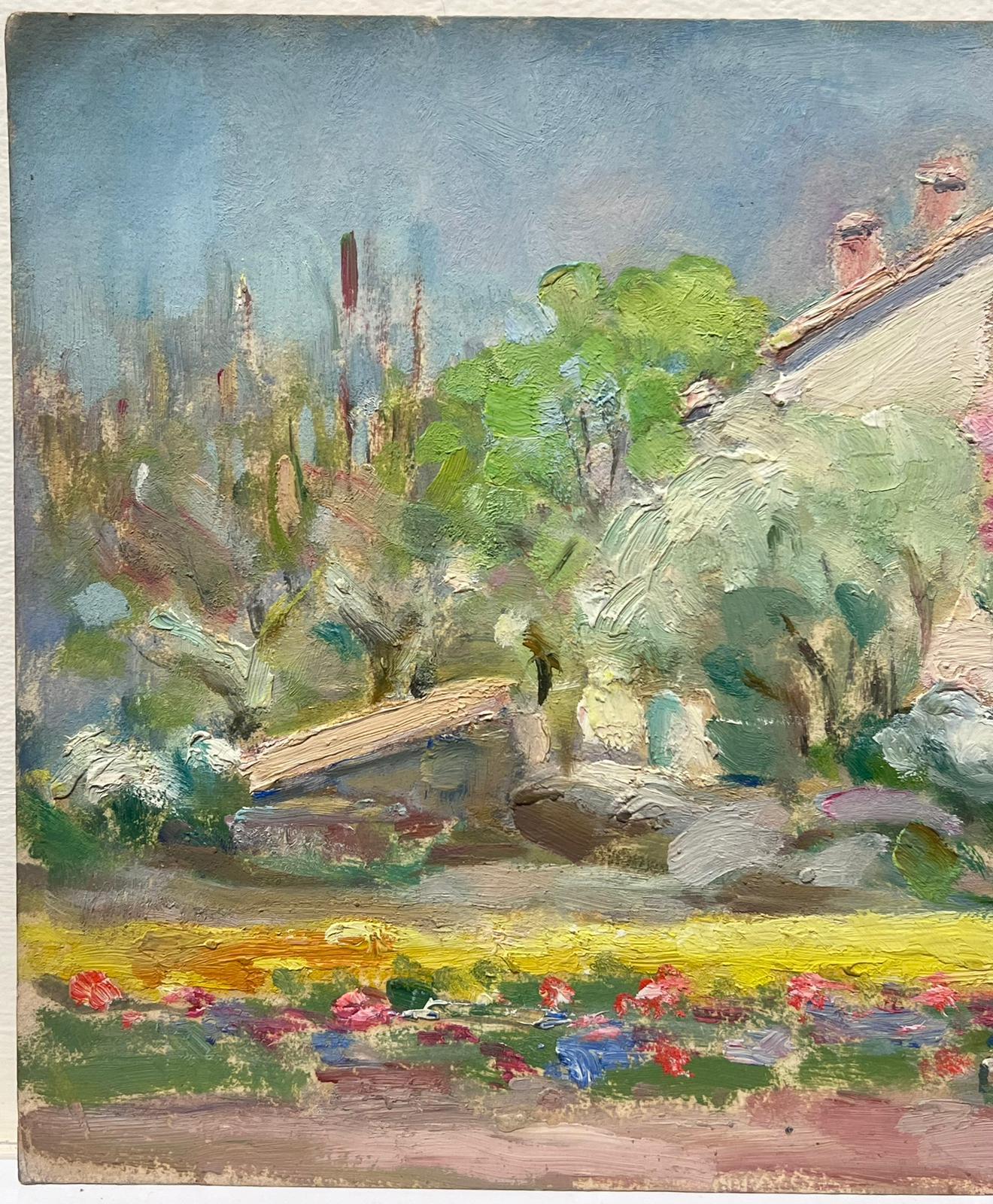 House Around The Flowers
by Louise Alix (French, 1888-1980) *see notes below
provenance stamp to the back 
oil painting on board, unframed
measures: 7.5 high by 10.75 inches wide
condition: overall very good and sound, a few scuffs and marks to the
