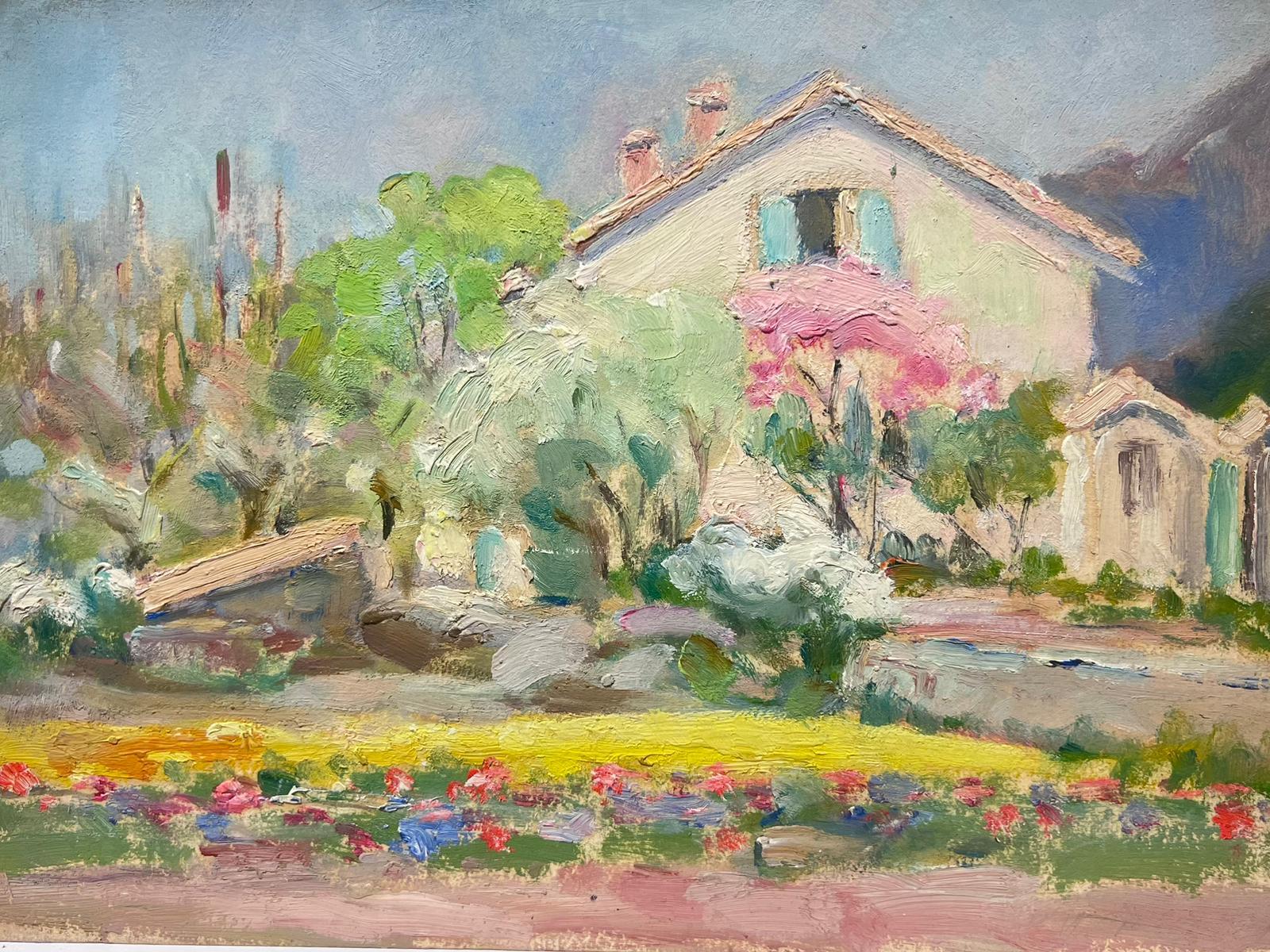 House Around The Flowers
by Louise Alix (French, 1888-1980) *see notes below
provenance stamp to the back 
oil painting on board, unframed
measures: 7.5 high by 10.75 inches wide
condition: overall very good and sound, a few scuffs and marks to the