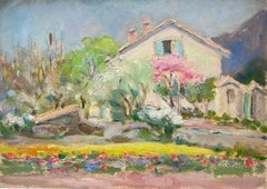 Französischer Impressionist Öl Weißes Haus umgeben von bunten Blumenweg