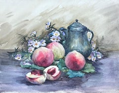 French Impressionist Painting Still Life Of Peaches and Daisies Watercolour
