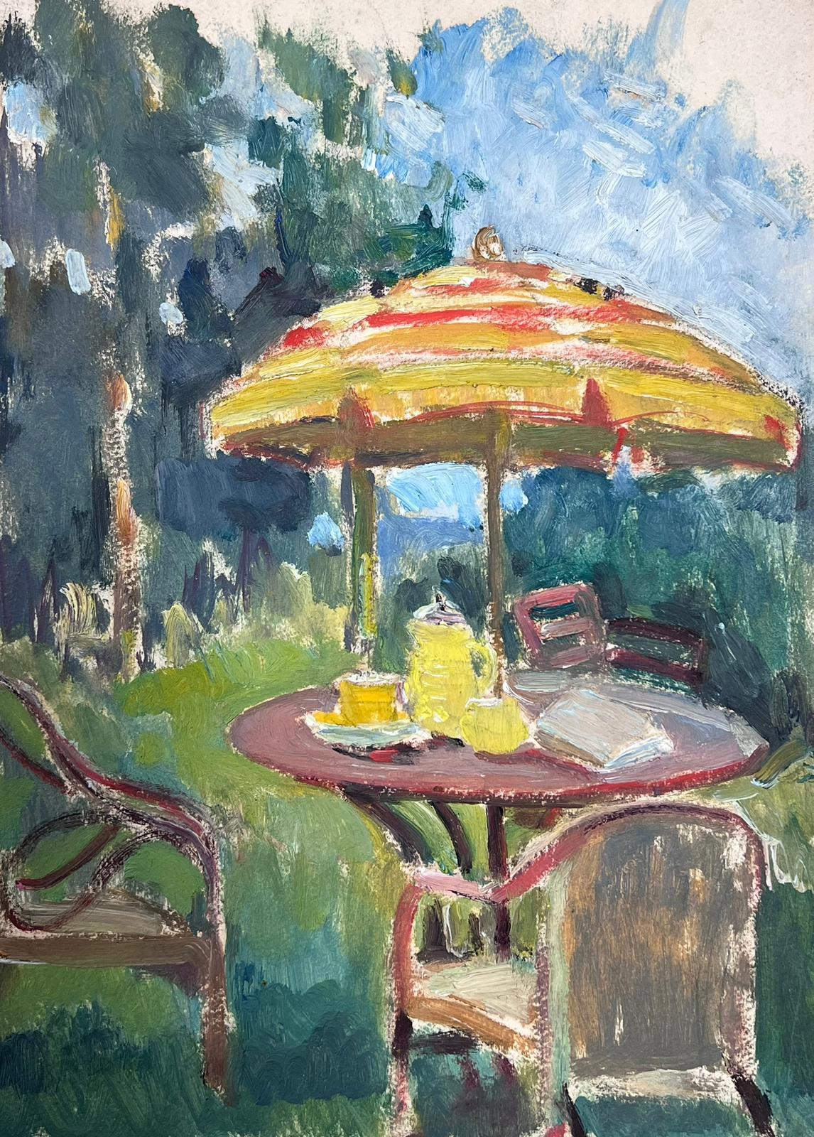 French Impressionist Painting Yellow Parasol Summer Garden Table Landscape 1