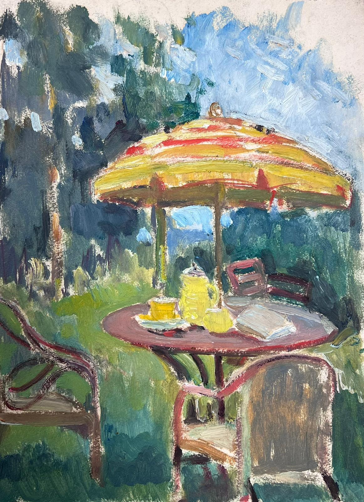 Louise Alix Landscape Painting - French Impressionist Painting Yellow Parasol Summer Garden Table Landscape