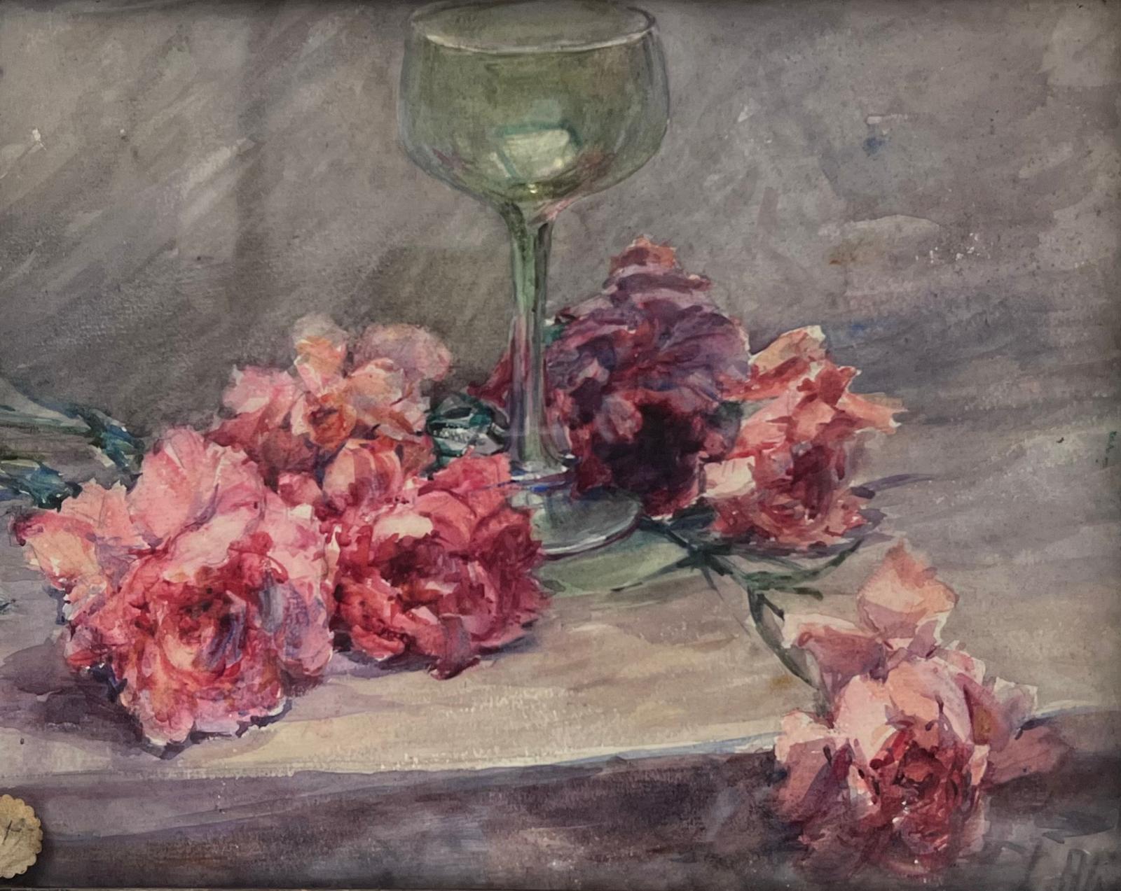 French Impressionist Pink Flowers On Table Coupe Champagne Glass Still Life - Painting by Louise Alix