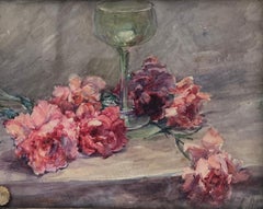French Impressionist Pink Flowers On Table Coupe Champagne Glass Still Life