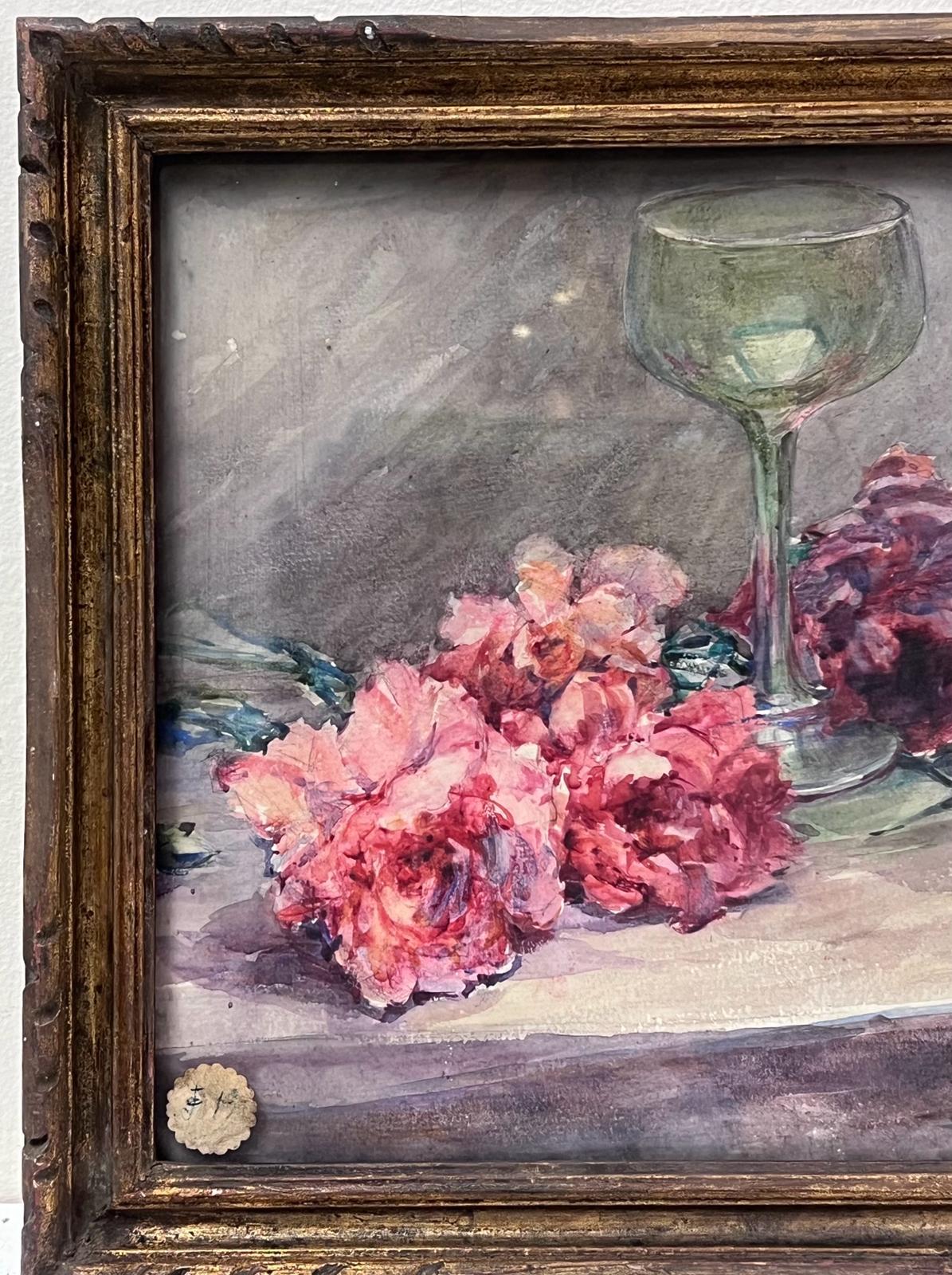 French Impressionist Pink Flowers On Table Coupe Champagne Glass Still Life 1