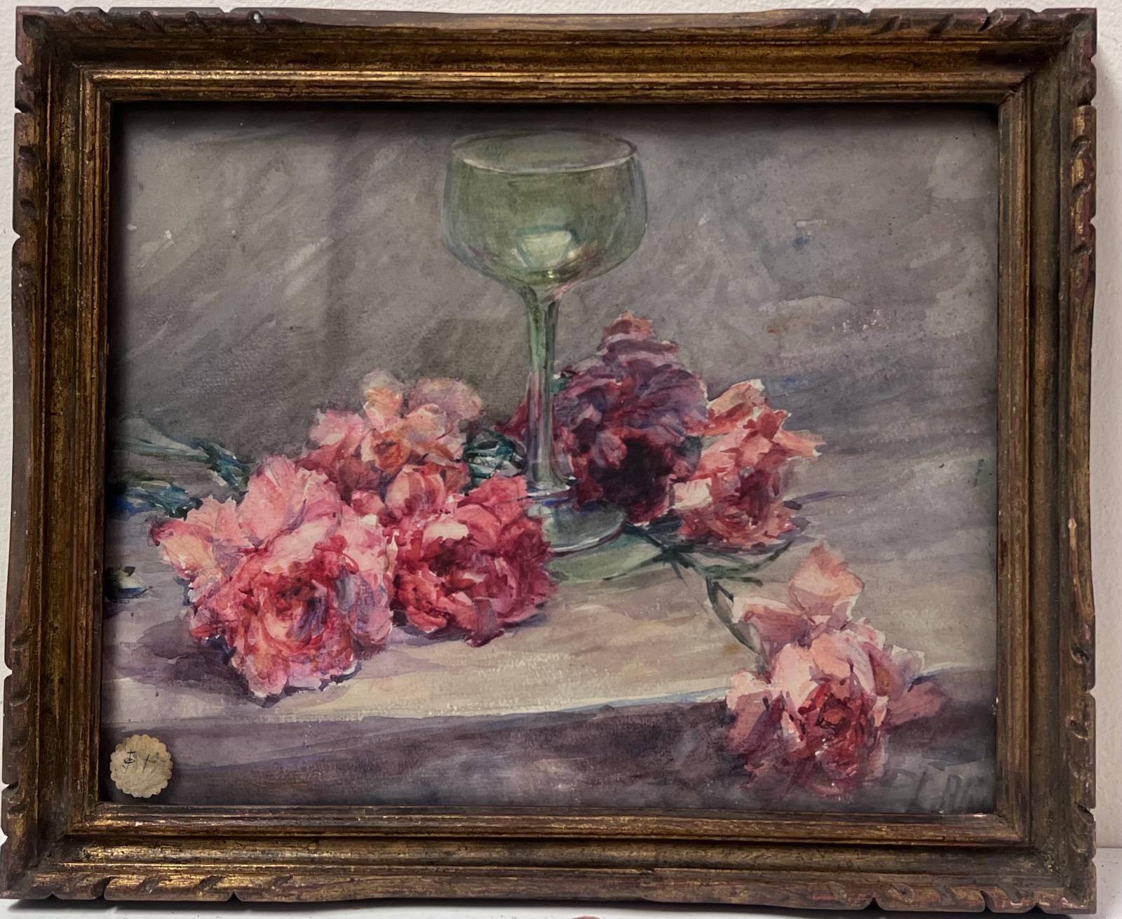Louise Alix Landscape Painting - French Impressionist Pink Flowers On Table Coupe Champagne Glass Still Life