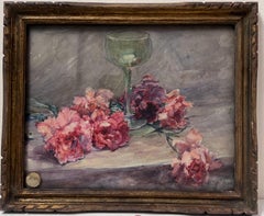 Retro French Impressionist Pink Flowers On Table Coupe Champagne Glass Still Life