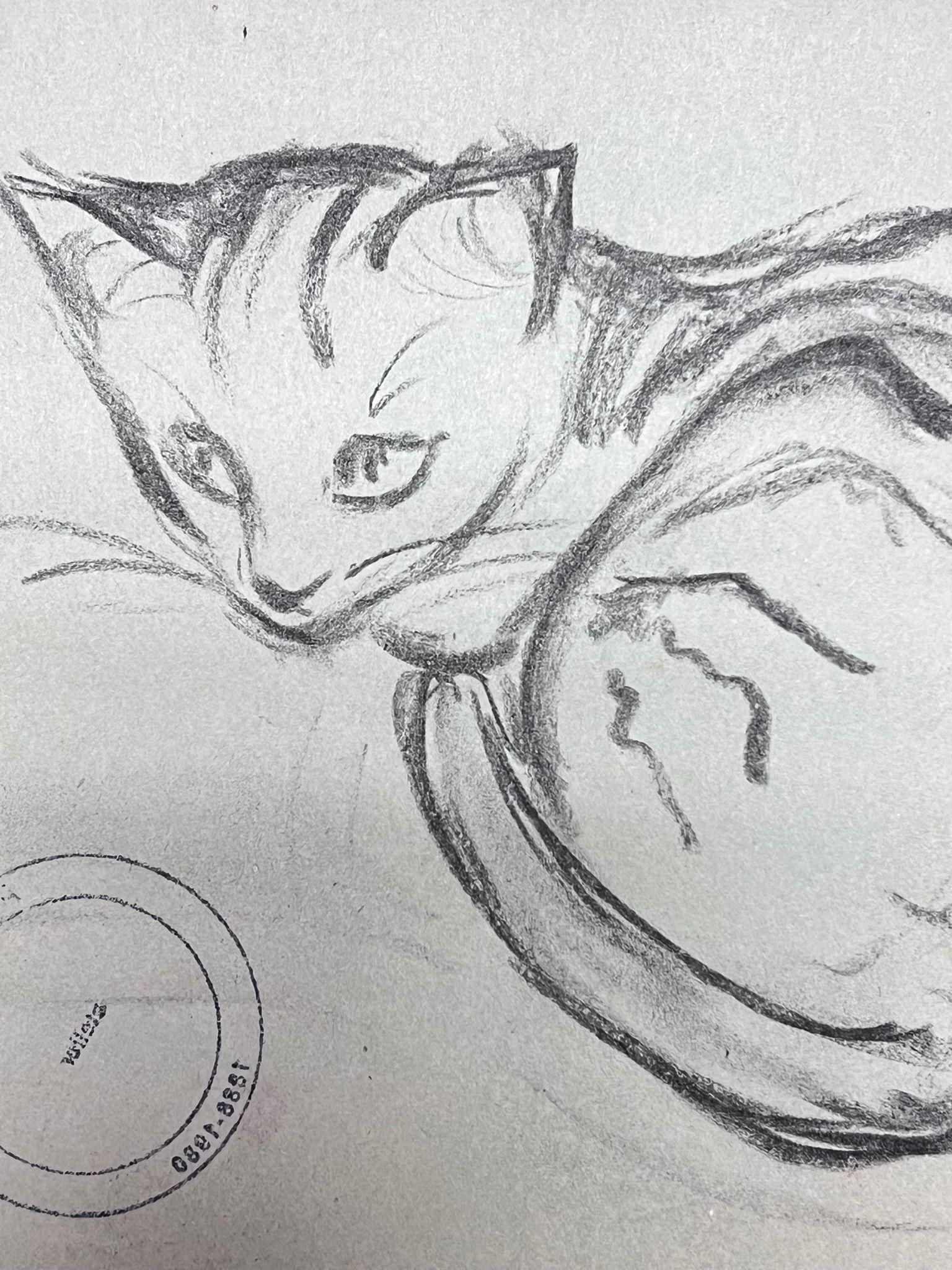 Kitten Portrait
by Louise Alix (French, 1888-1980) *see notes below
provenance stamp to the back 
pencil drawing on artist paper, unframed
measures: 6.25 high by 8 inches wide
condition: overall very good and sound, a few scuffs and marks to the