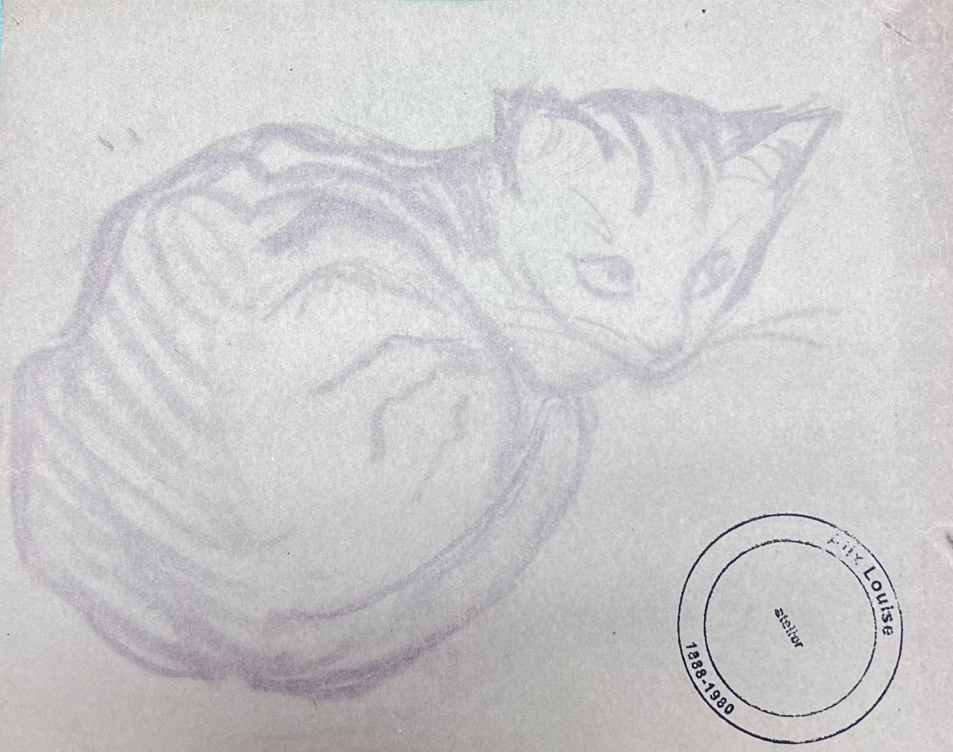 French Impressionist Portrait of Curled Up Kitten Pencil Sketch For Sale 1