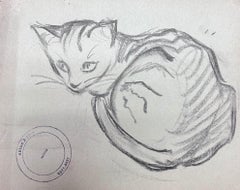 Vintage French Impressionist Portrait of Curled Up Kitten Pencil Sketch
