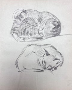 Retro French Impressionist Portrait of Curled Up Kittens Pencil Sketch