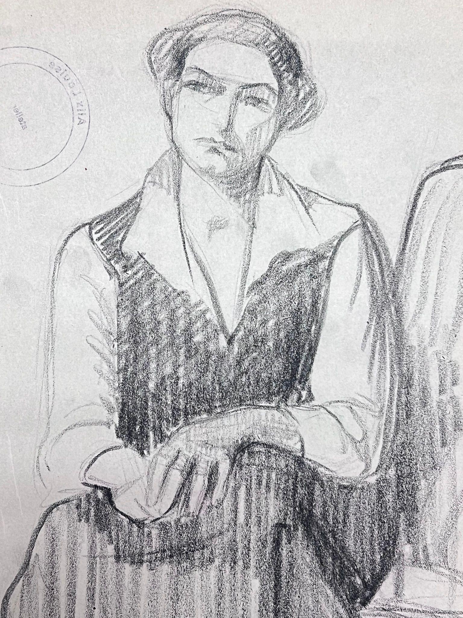 French Impressionist Posed Elegant Lady In V Neck Shirt Pencil Sketch - Painting by Louise Alix