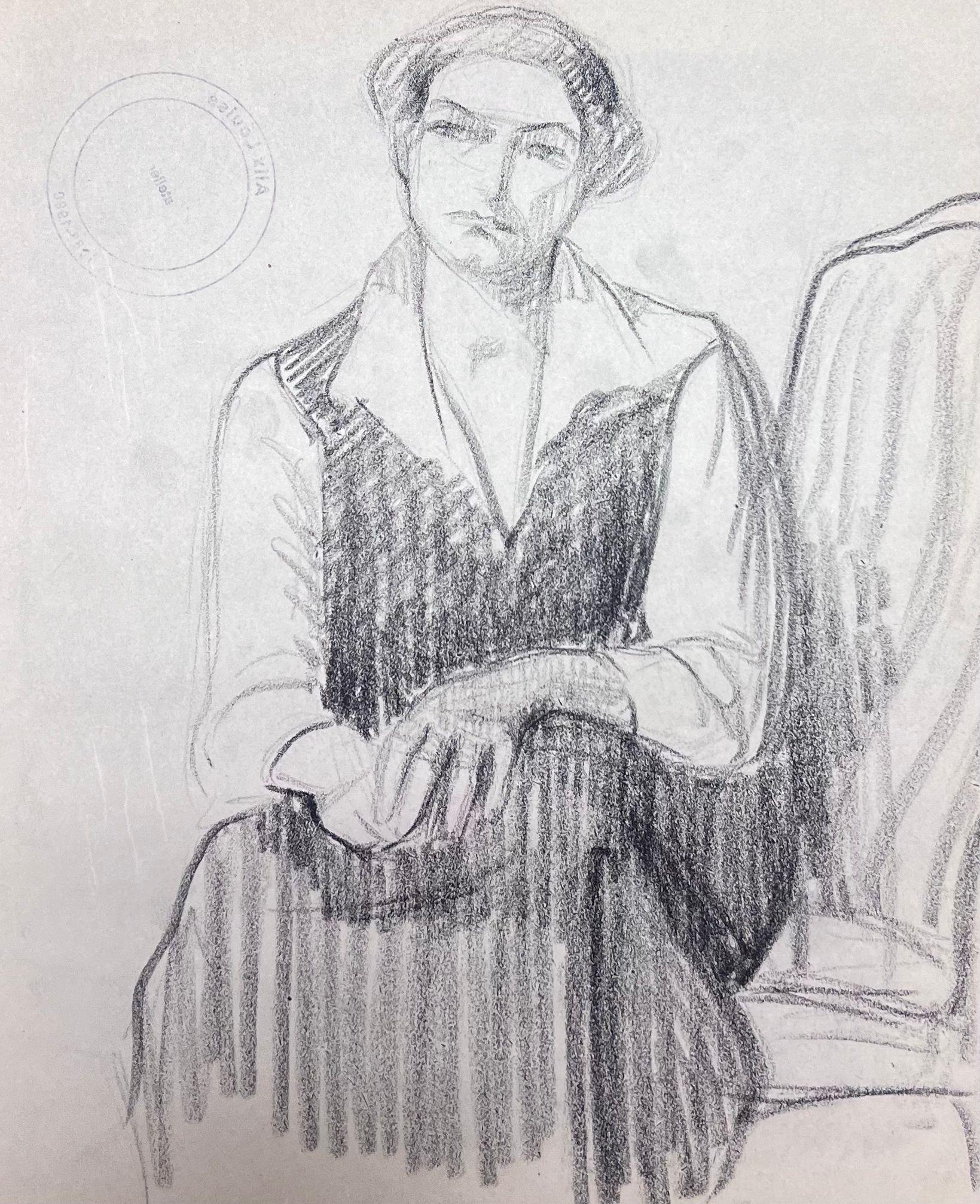 Posed Lady
by Louise Alix (French, 1888-1980) *see notes below
provenance stamp to the back 
pencil drawing on artist paper, unframed
measures: 10 high by 8.25 inches wide
condition: overall very good and sound, a few scuffs and marks to the surface