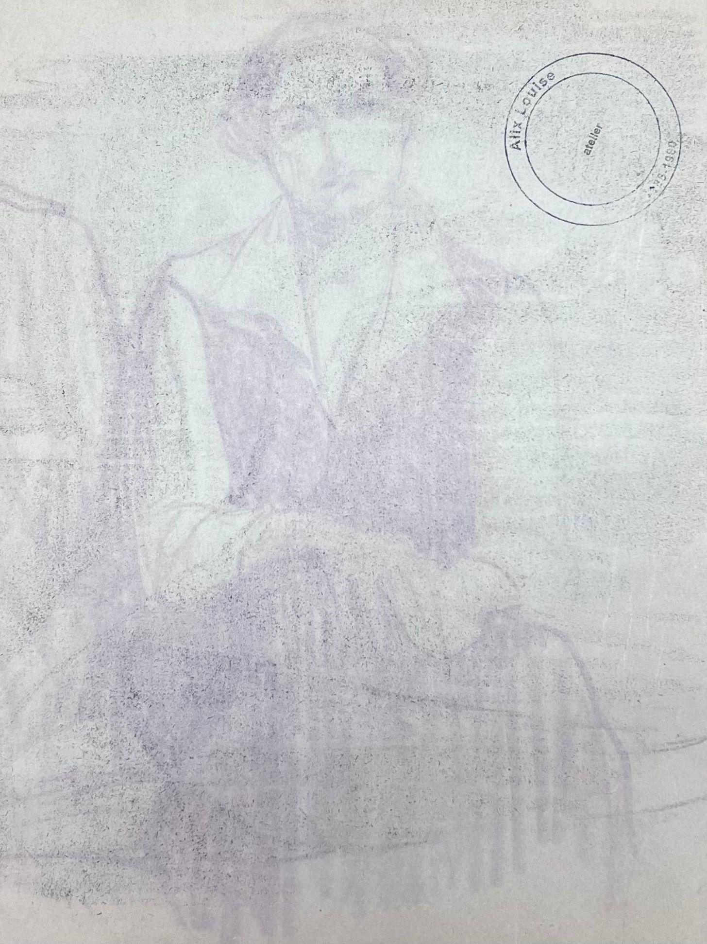 French Impressionist Posed Elegant Lady In V Neck Shirt Pencil Sketch For Sale 1