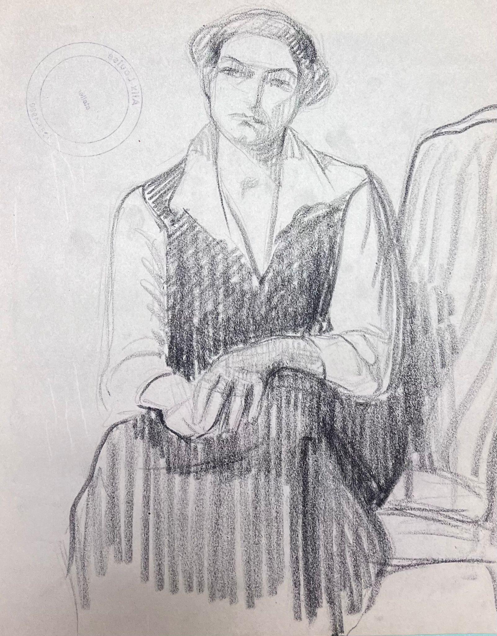 Louise Alix Figurative Painting - French Impressionist Posed Elegant Lady In V Neck Shirt Pencil Sketch