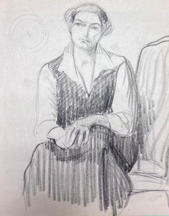 Vintage French Impressionist Posed Elegant Lady In V Neck Shirt Pencil Sketch