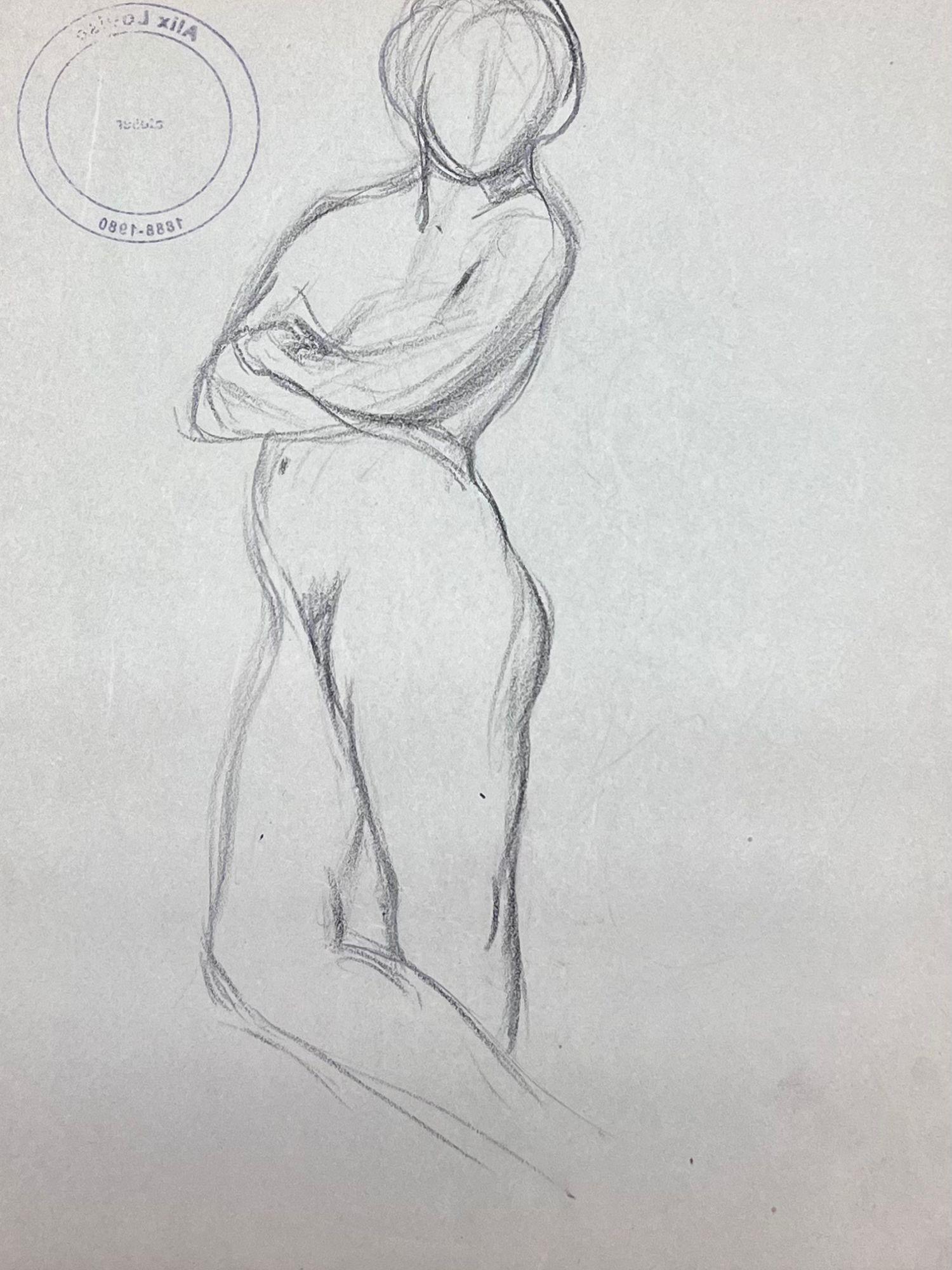 French Impressionist Posed Nude Female Figure Pencil Sketch - Painting by Louise Alix
