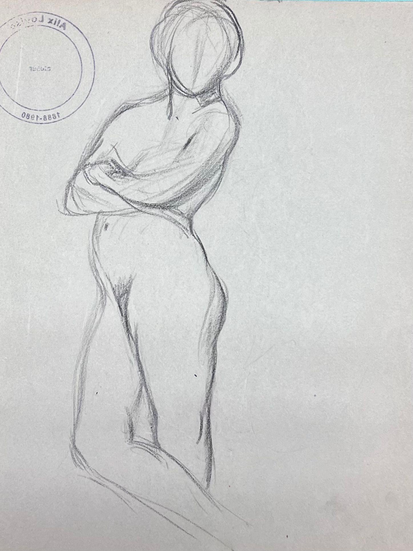 Female Nude Figure
by Louise Alix (French, 1888-1980) *see notes below
provenance stamp to the back 
pencil drawing on artist paper, unframed
measures: 10 high by 8 inches wide
condition: overall very good and sound, a few scuffs and marks to the