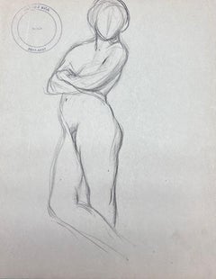 Retro French Impressionist Posed Nude Female Figure Pencil Sketch