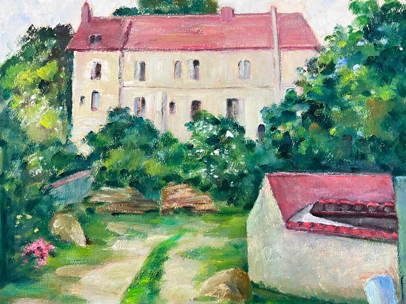 French Impressionist Red Roof Large House Courtyard - Painting by Louise Alix