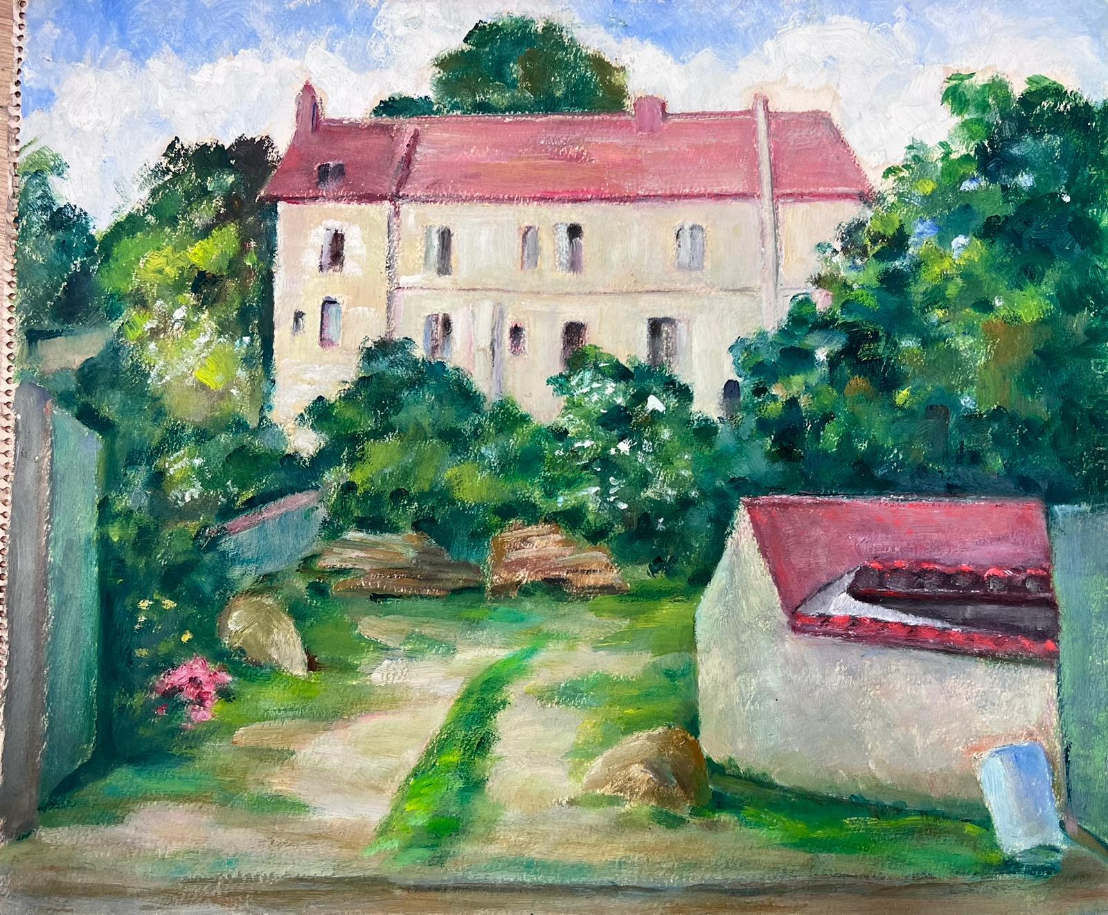 French Impressionist Red Roof Large House Courtyard - Gray Landscape Painting by Louise Alix
