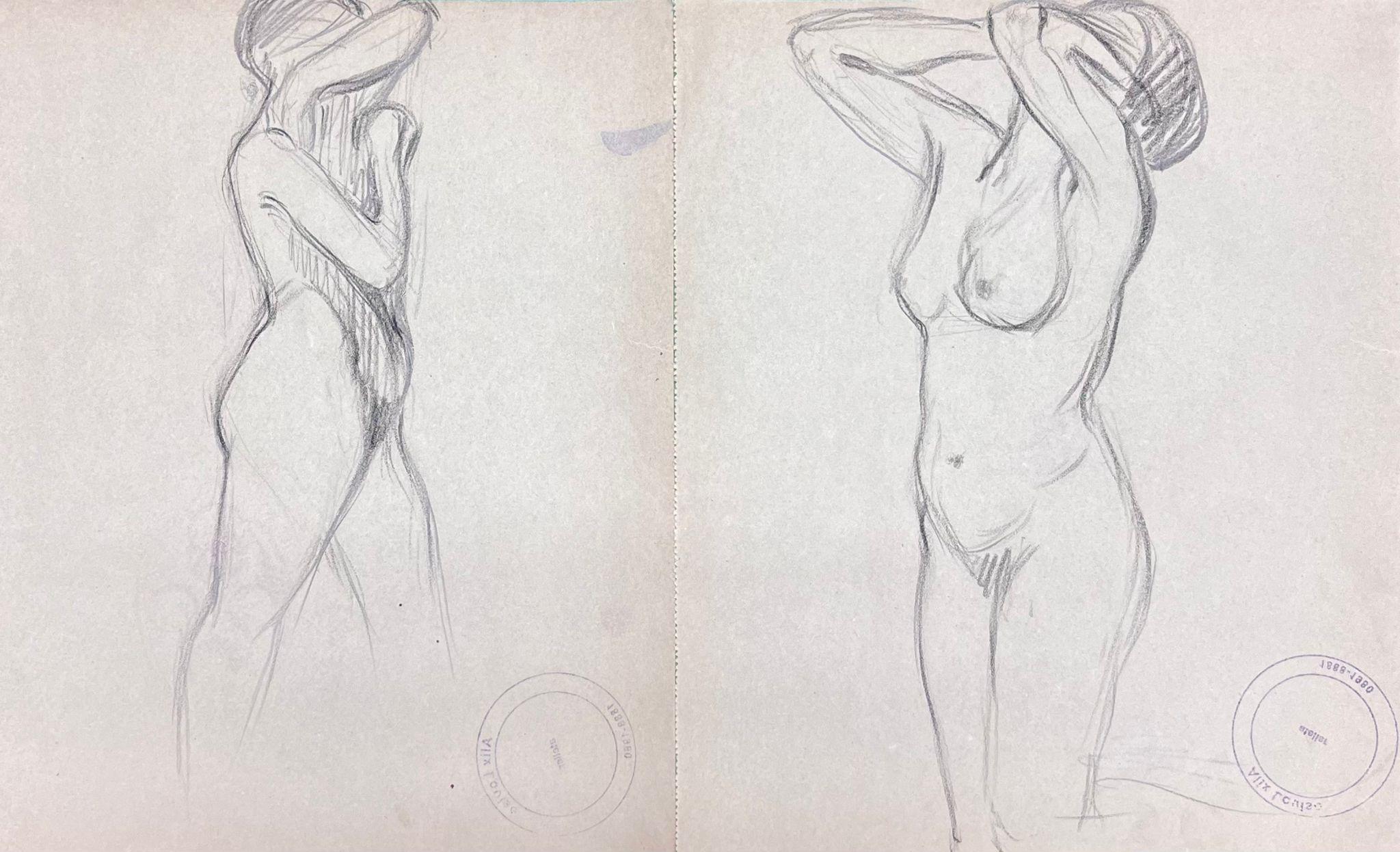 Impressionista francese Set di due figure femminili nude Schizzo a matita - Nude Painting Grigio di Louise Alix