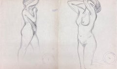 Vintage French Impressionist Set of Two Nude Female Figures Pencil Sketch