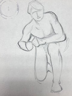 French Impressionist Set of Two Nude Male Figures Showering Pencil Sketch