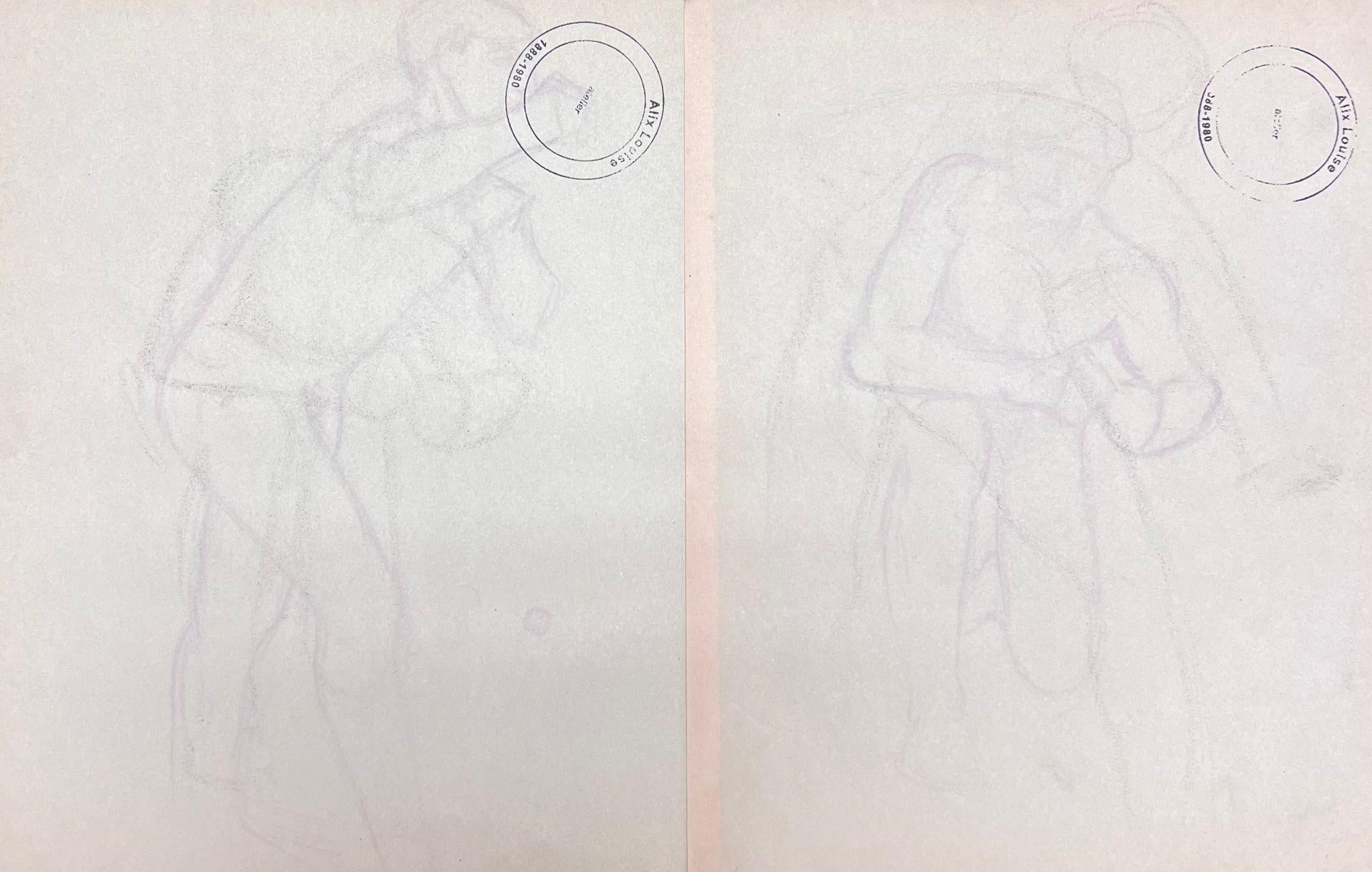 French Impressionist Set of Two Nude Male Figures Showering Pencil Sketch For Sale 3