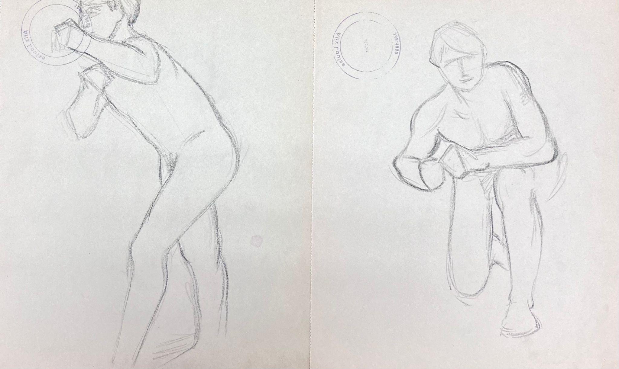 French Impressionist Set of Two Nude Male Figures Showering Pencil Sketch