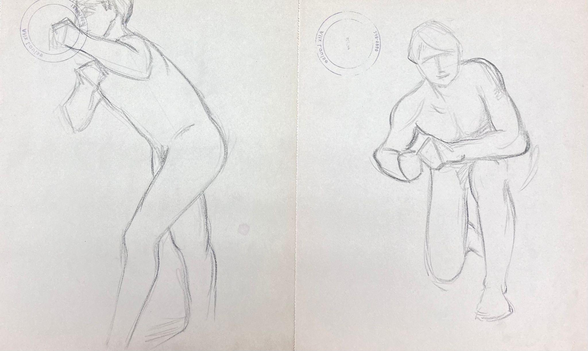 Conjunto Impresionista Francés de Dos Figuras Masculinas Desnudas Duchándose Boceto a Lápiz