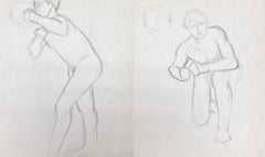 Vintage French Impressionist Set of Two Nude Male Figures Showering Pencil Sketch