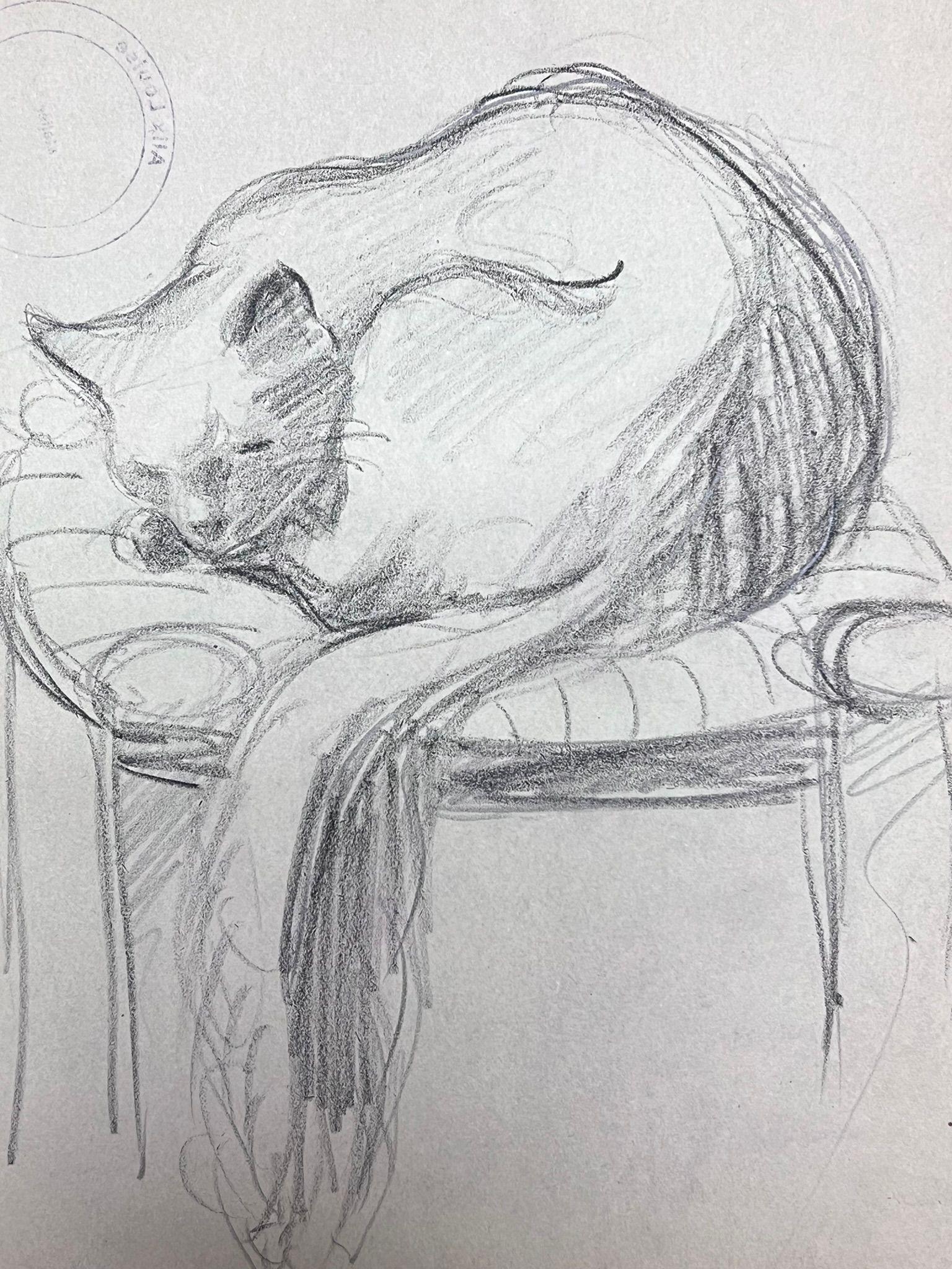 French Impressionist Sleeping Cat On Foot Stool Pencil Sketch - Painting by Louise Alix