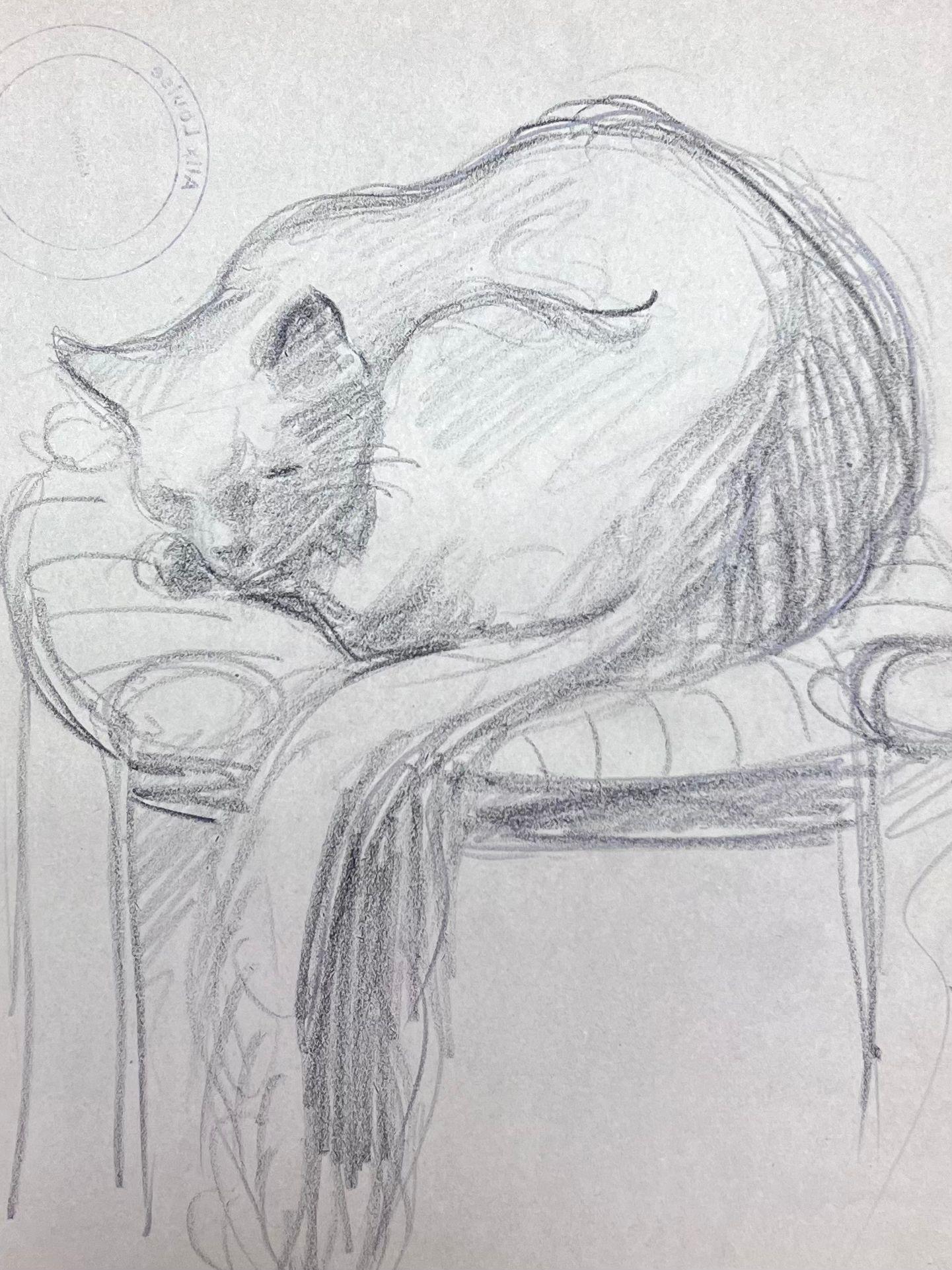 Sleeping Cat
by Louise Alix (French, 1888-1980) *see notes below
provenance stamp to the back 
pencil drawing on artist paper, unframed
measures: 10 high by 8 inches wide
condition: overall very good and sound, a few scuffs and marks to the surface