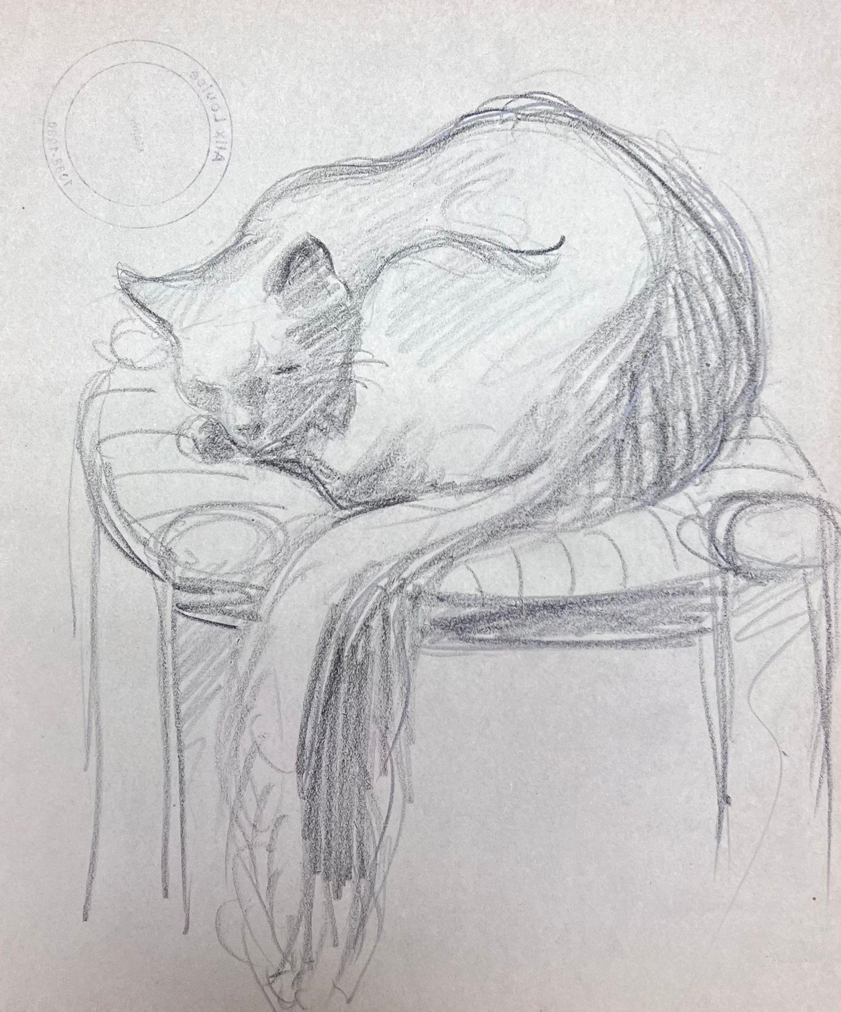 Louise Alix Still-Life Painting – Französischer Impressionist Schlafende Katze auf Fußschemel Bleistiftskizze