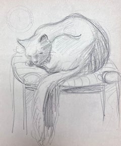 French Impressionist Sleeping Cat On Foot Stool Pencil Sketch