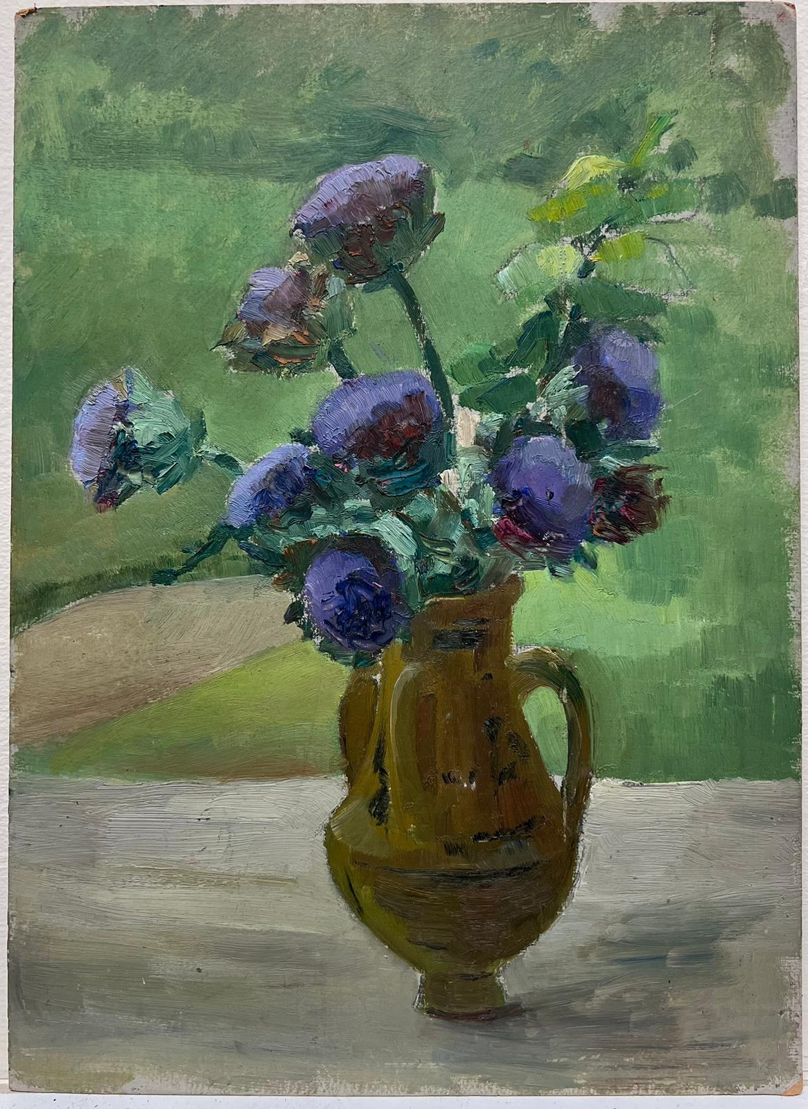 Französisch Impressionist Stillleben lila Anemonen in Brown Vase – Painting von Louise Alix