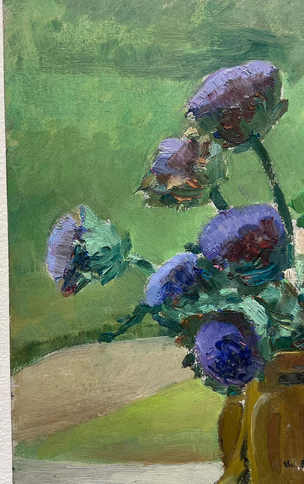 Französisch Impressionist Stillleben lila Anemonen in Brown Vase (Impressionismus), Painting, von Louise Alix