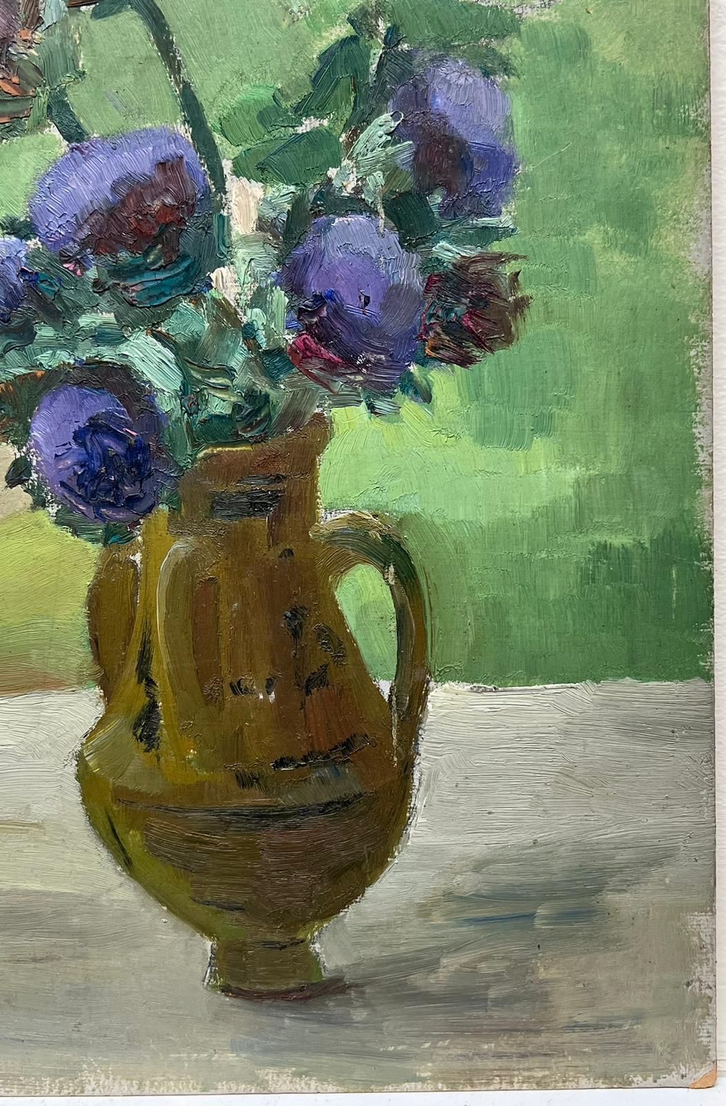 Purple Anemone's
by Louise Alix (French, 1888-1980) *see notes below
provenance stamp to the back 
oil painting on board, unframed
measures: 13 high by 9.5 inches wide
condition: overall very good and sound, a few scuffs and marks to the surface and