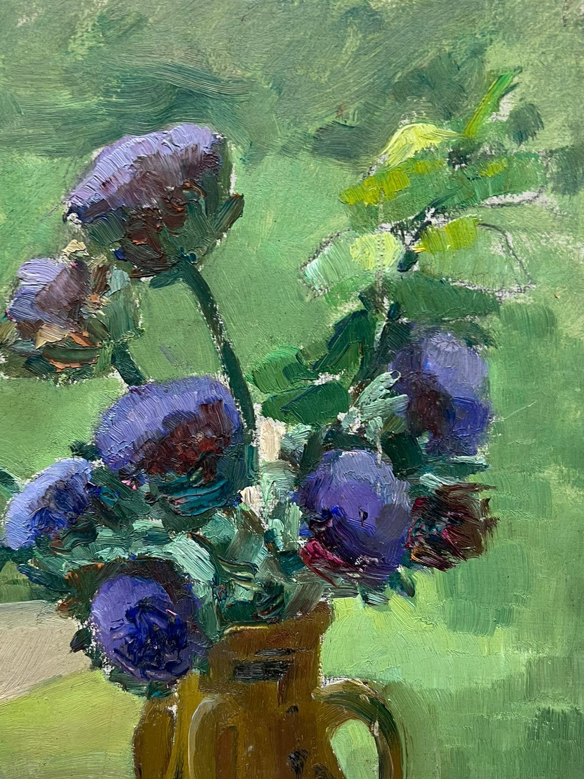 French Impressionist Still Life Purple Anemone's In Brown Vase For Sale 1