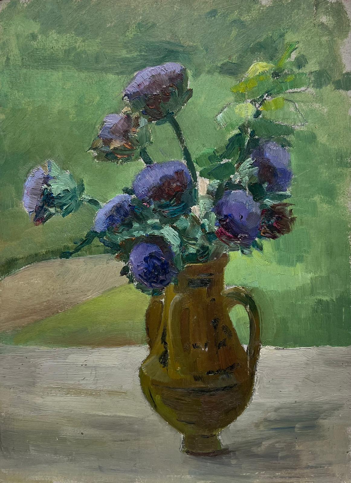 French Impressionist Still Life Purple Anemone's In Brown Vase